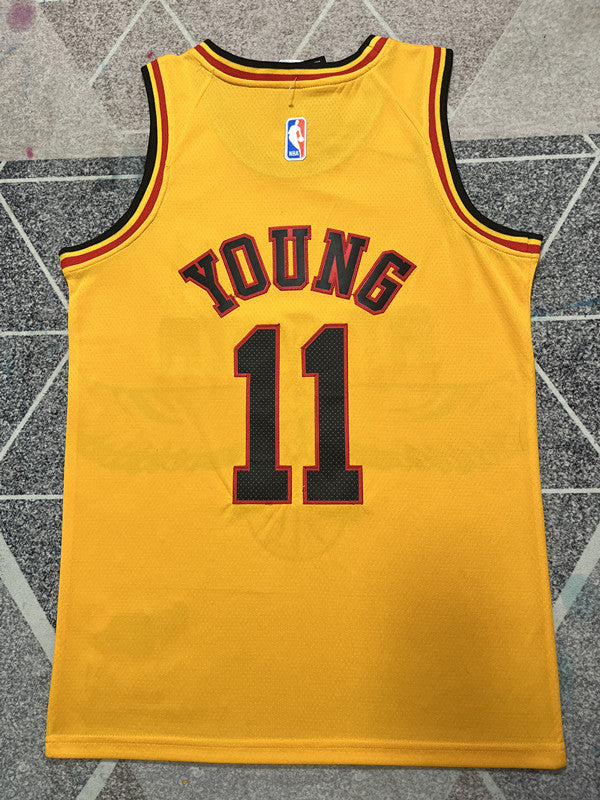 Yellow Atlanta Hawks basketball jersey, full back view