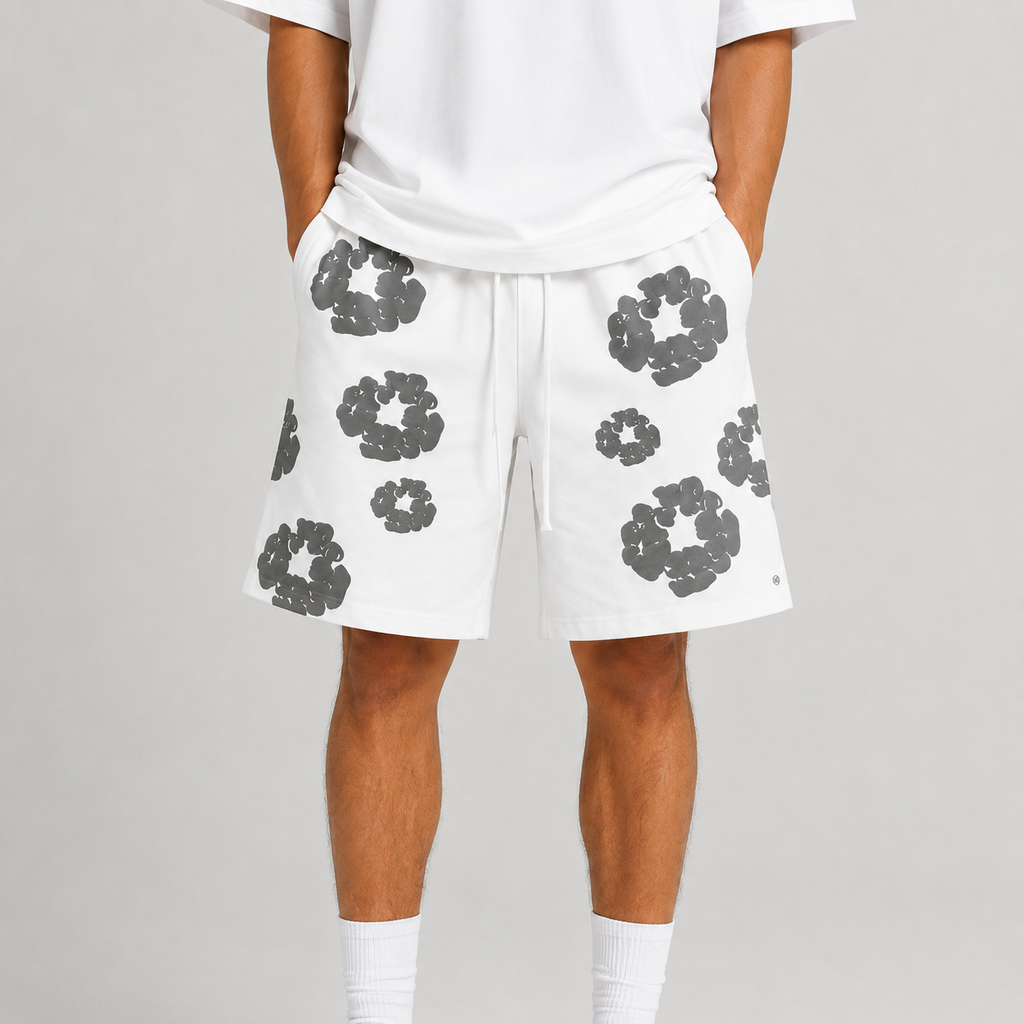 White Grey Puff Floral cotton shorts - back angle view
