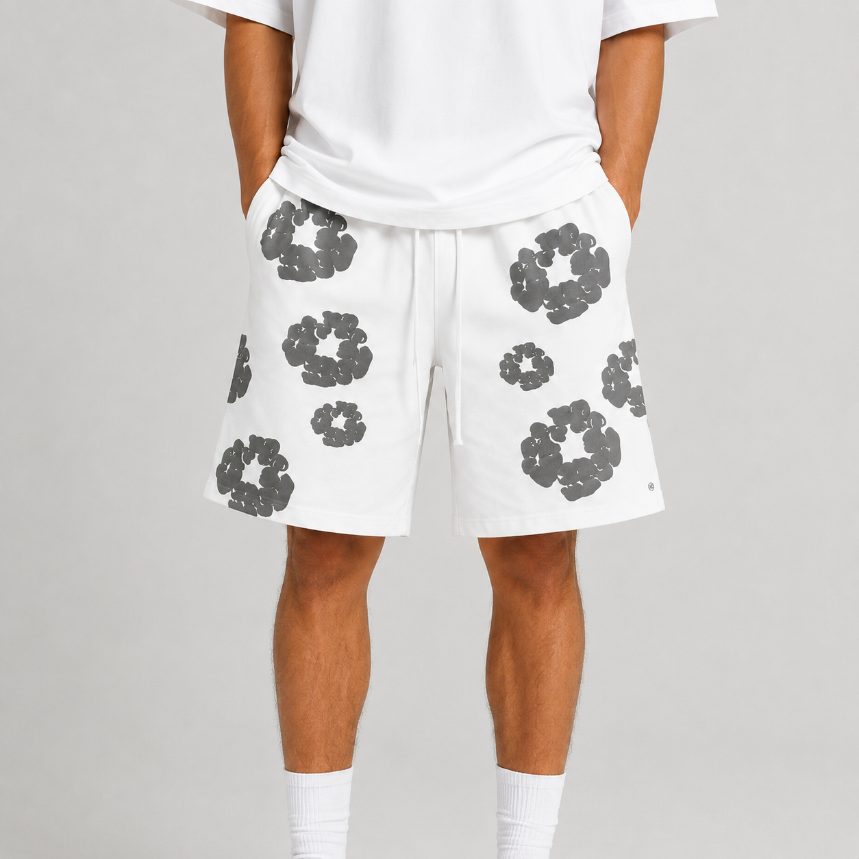 White Grey Puff Floral cotton shorts - back angle view