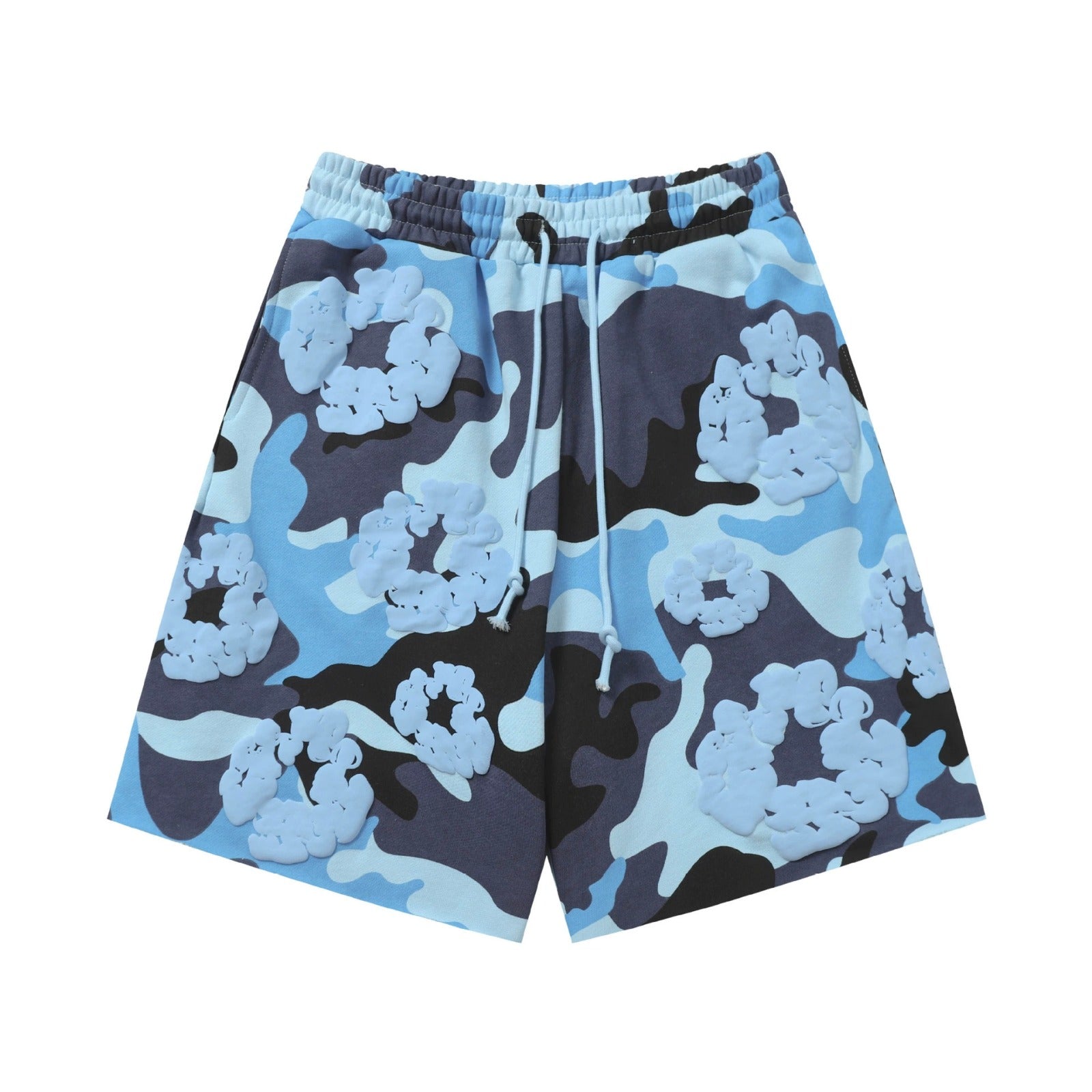 Blue Camo Black Floral cotton shorts - front product view