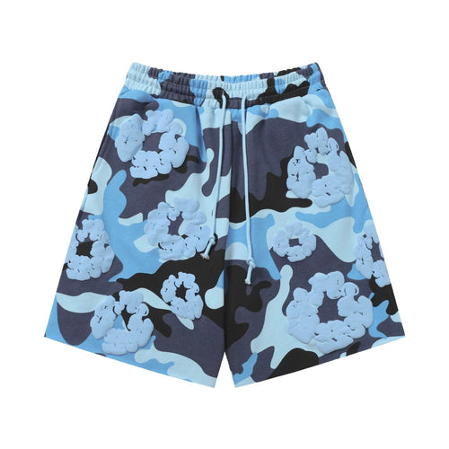 Blue Camo Black Floral cotton shorts - front product view