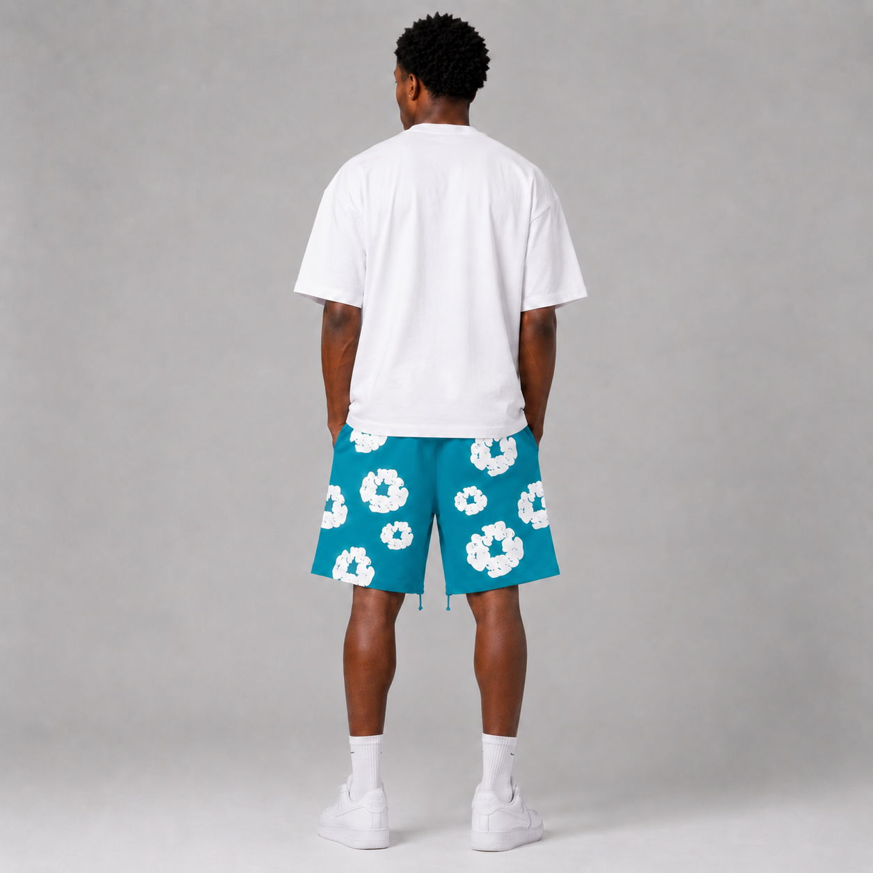 Teal White Puff Floral cotton shorts - lifestyle view