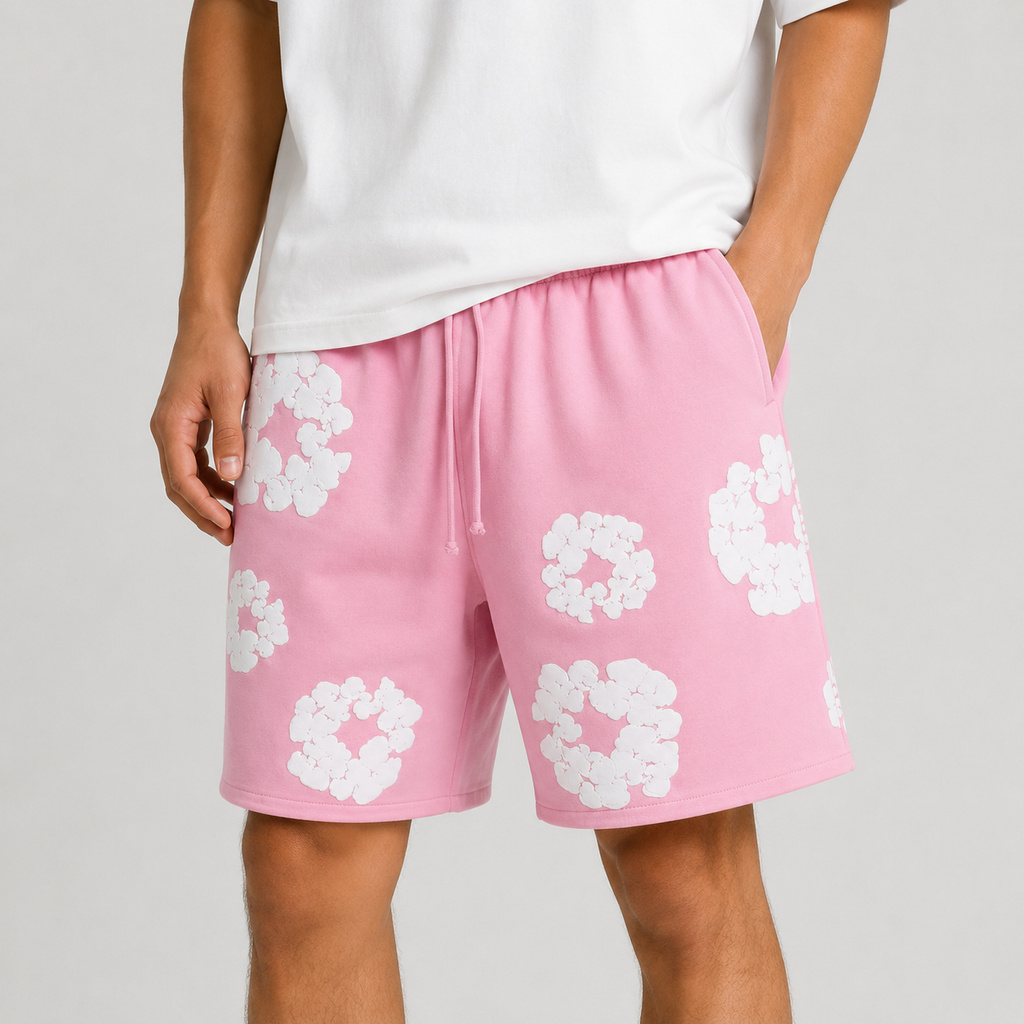 Pink White Puff Floral cotton shorts - detail view
