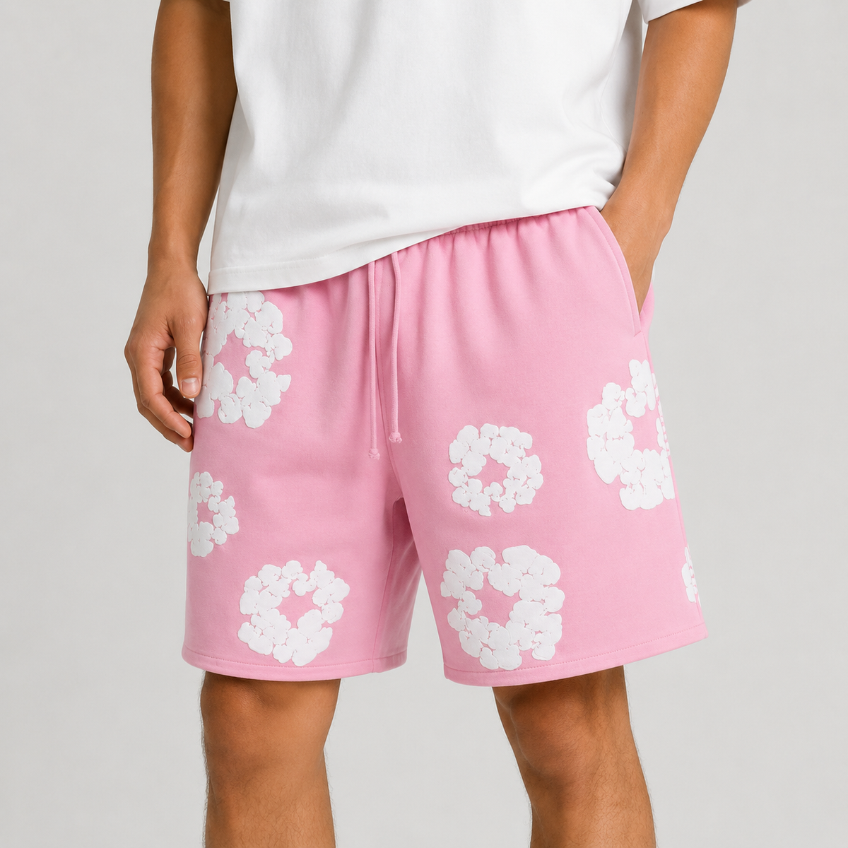 Pink White Puff Floral cotton shorts - detail view