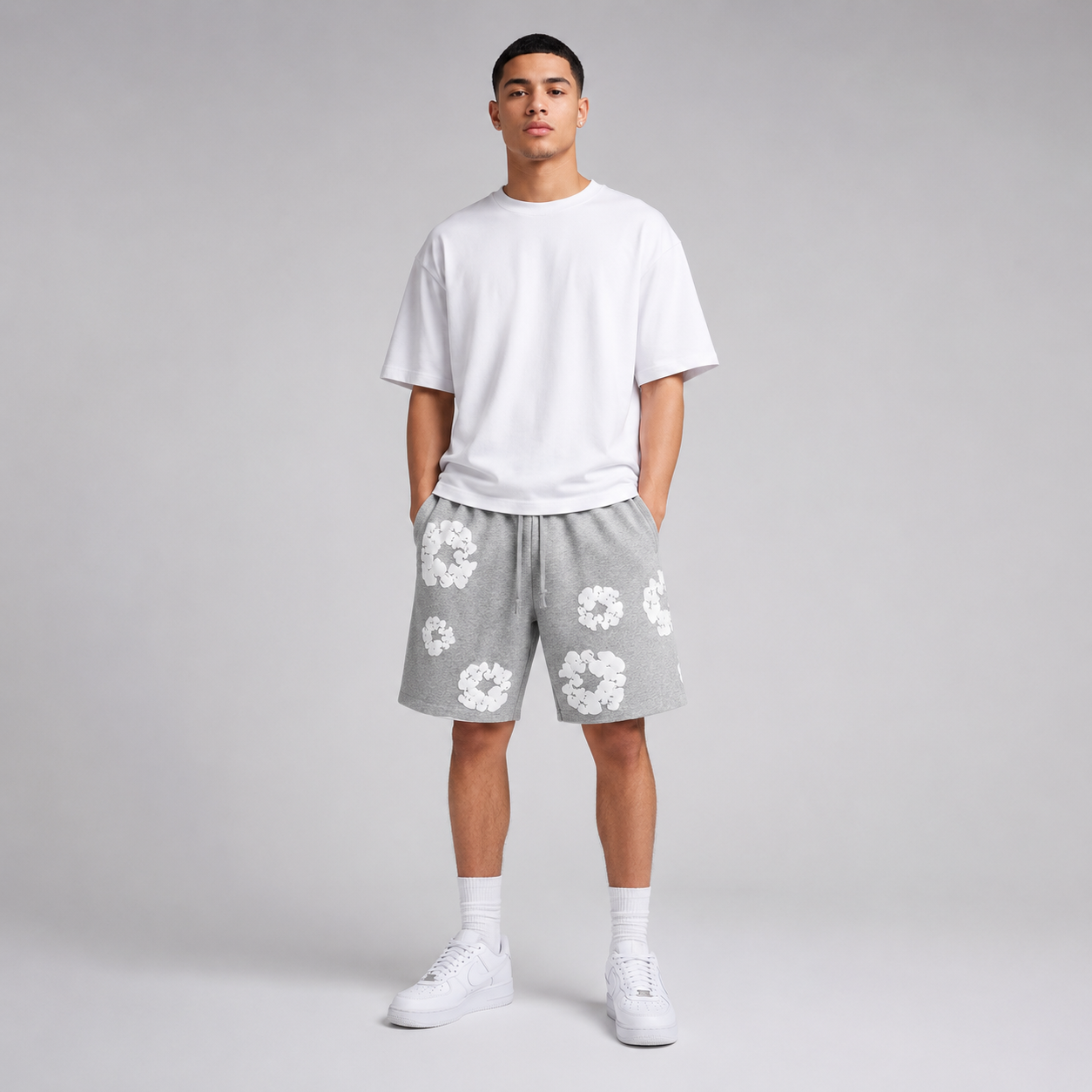 Heather Grey White Puff Floral cotton shorts - front angle view