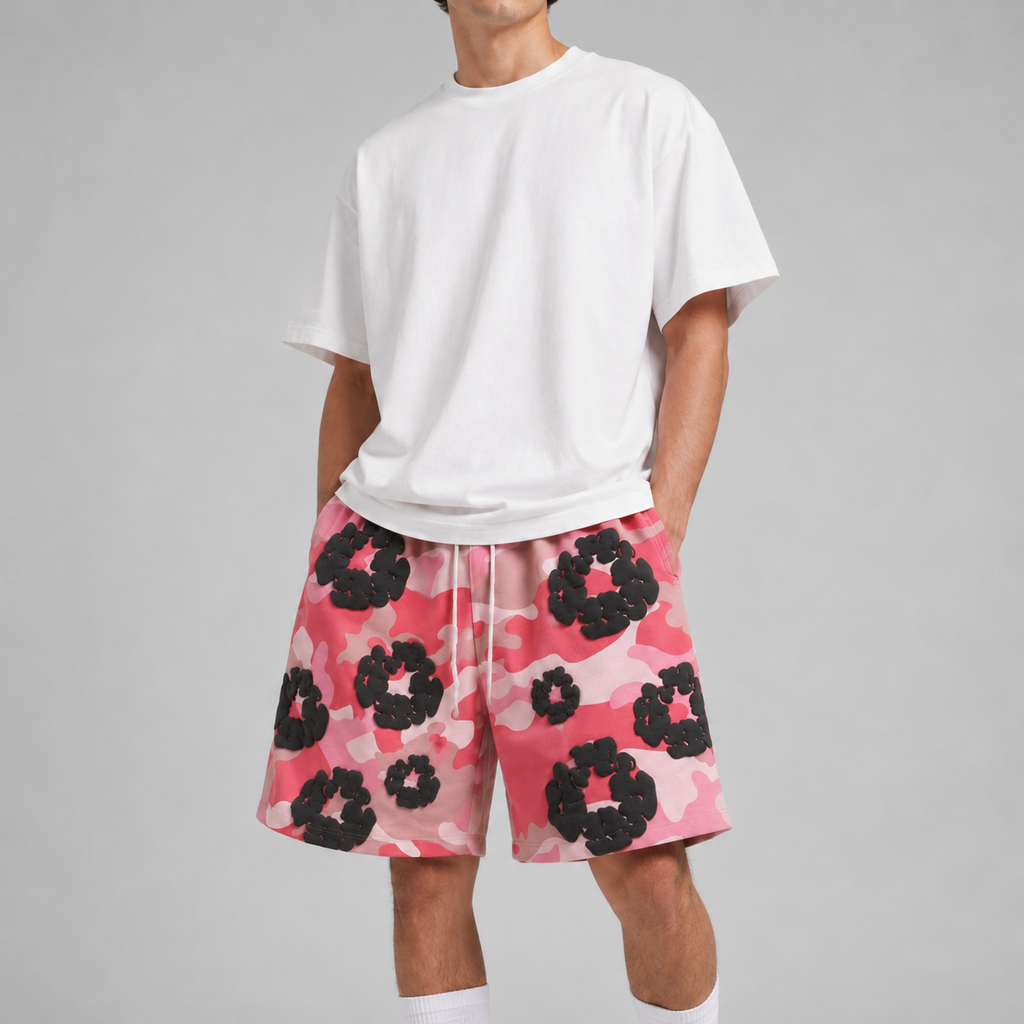 Pink Camo Black Floral cotton shorts - detail view