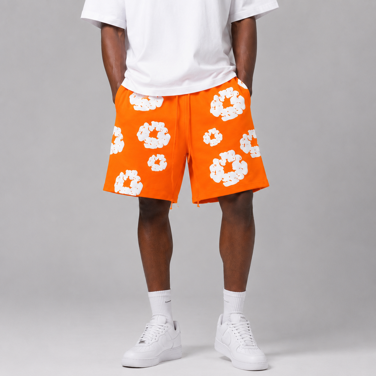 Orange White Puff Floral cotton shorts - back angle view
