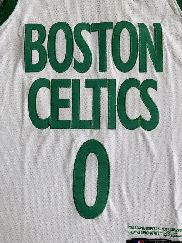 Multi-color Boston Celtics basketball jersey, front graphic detail