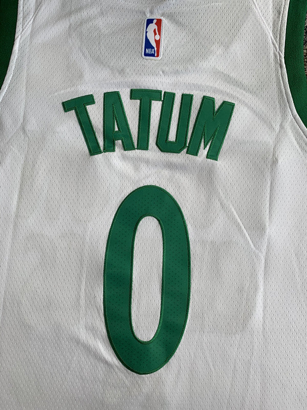Multi-color Boston Celtics basketball jersey, back lettering and number detail