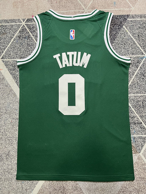 Green Boston Celtics basketball jersey, full back view