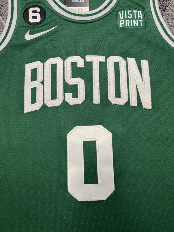Green Boston Celtics basketball jersey, front graphic detail
