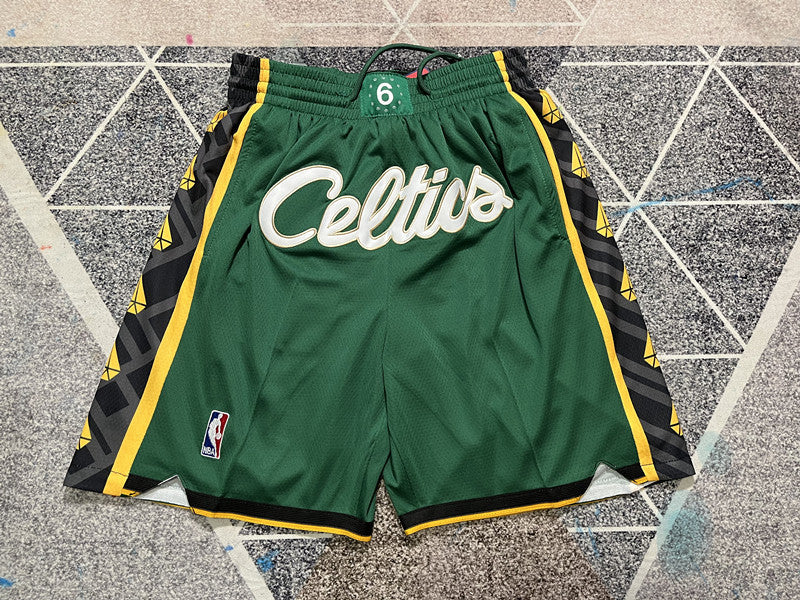 Green Boston Celtics premium basketball shorts, full front view