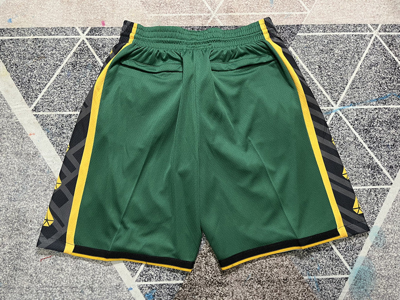 Green Boston Celtics premium basketball shorts, full back view