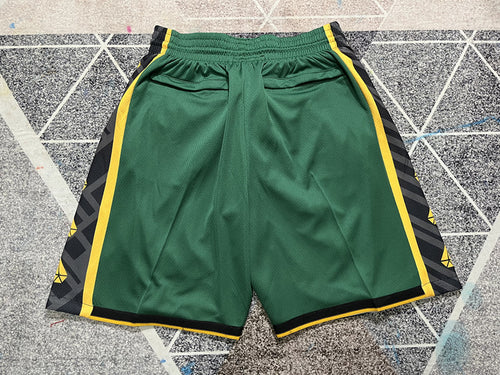 Green Boston Celtics premium basketball shorts, full back view