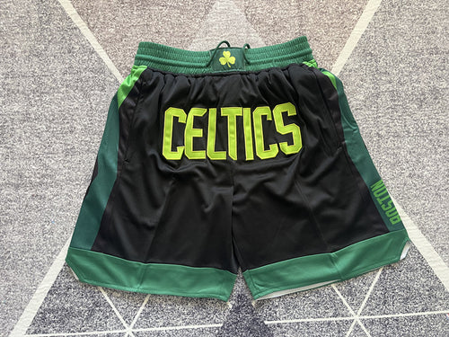 Black Boston Celtics premium basketball shorts, full front view