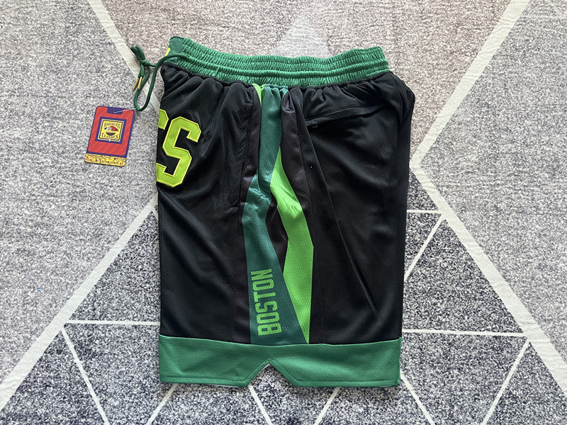 Black Boston Celtics premium basketball shorts, side panel detail