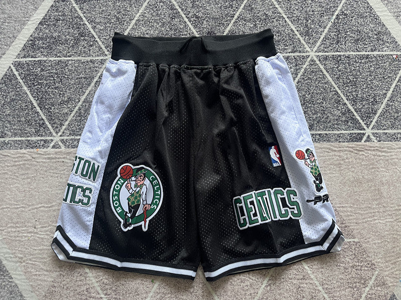 Black Boston Celtics premium basketball shorts, full front view