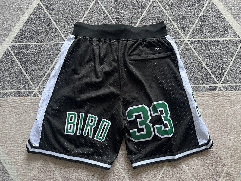Black Boston Celtics premium basketball shorts, full back view