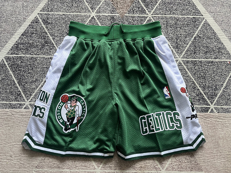 Green Boston Celtics premium basketball shorts, full front view