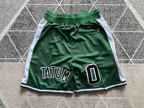 Green Boston Celtics premium basketball shorts, full back view