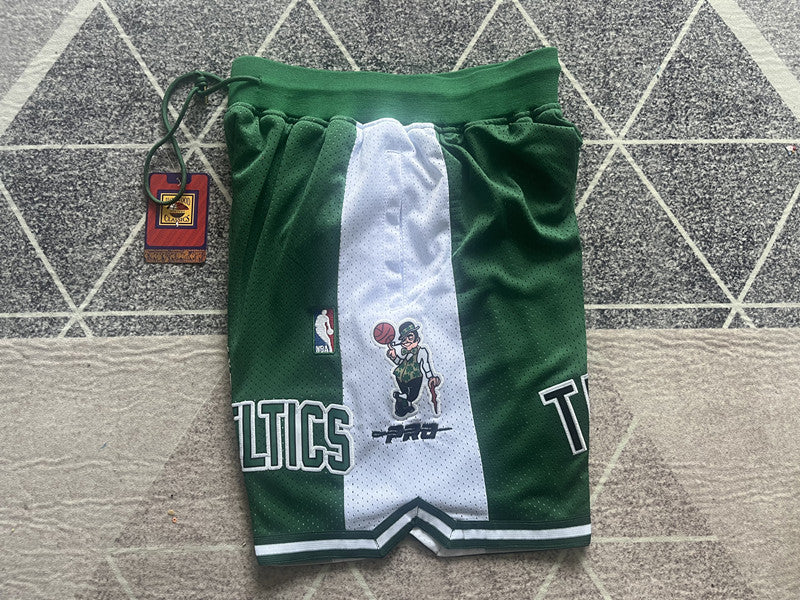 Green Boston Celtics premium basketball shorts, side panel detail