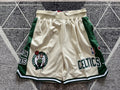 Off-White Boston Celtics premium basketball shorts, full front view