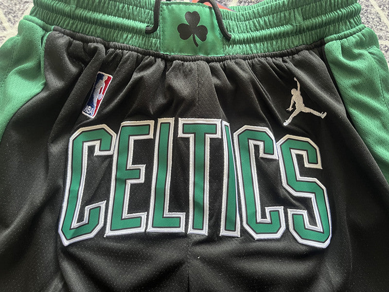 Black Boston Celtics premium basketball shorts, waistband and label detail
