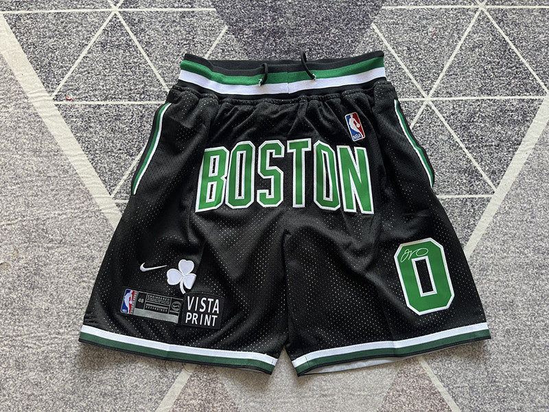 Black Boston Celtics premium basketball shorts, full front view