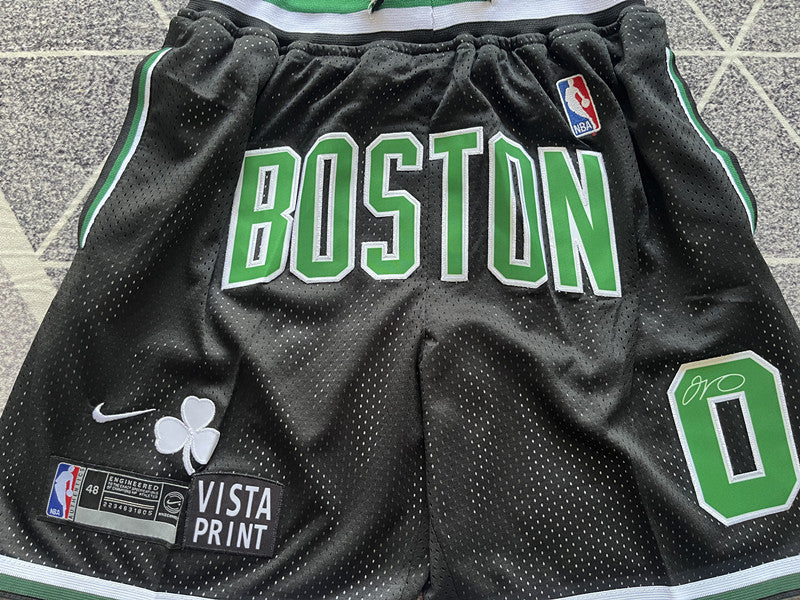Black Boston Celtics premium basketball shorts, graphic detail