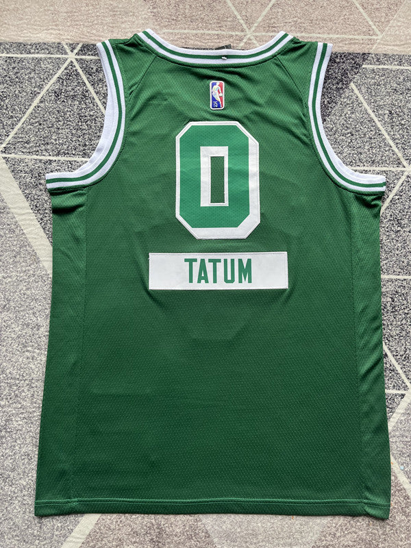 Green Boston Celtics basketball jersey, full back view