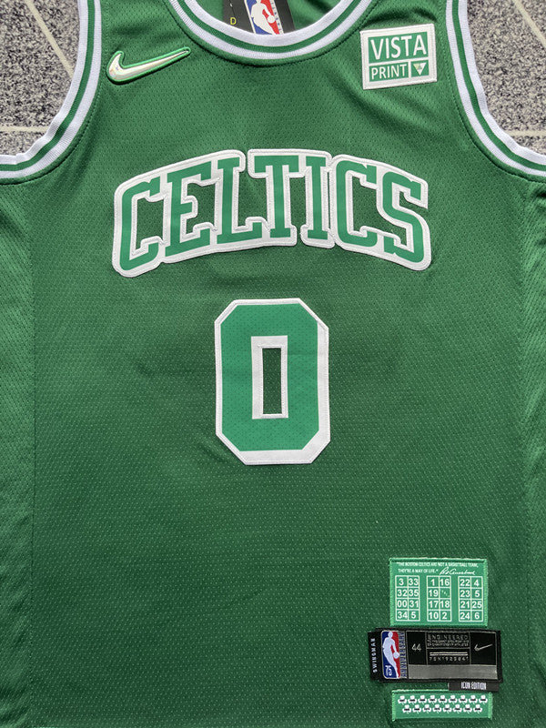 Green Boston Celtics basketball jersey, front graphic detail