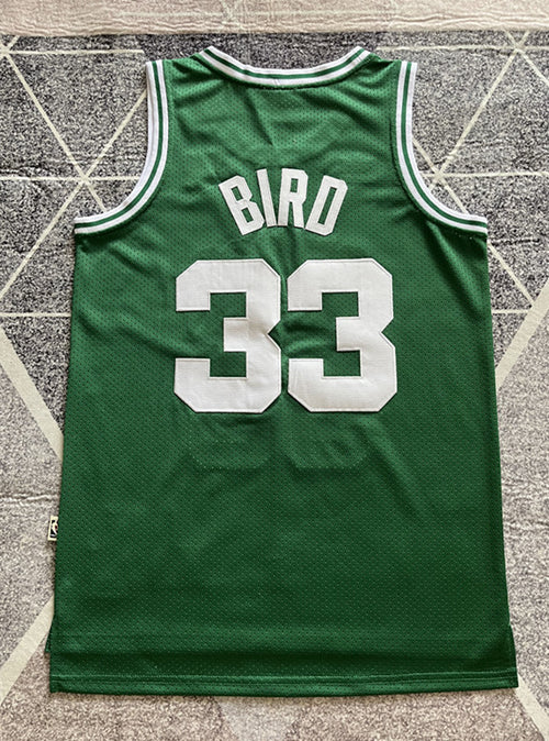 Green Boston Celtics basketball jersey, full back view