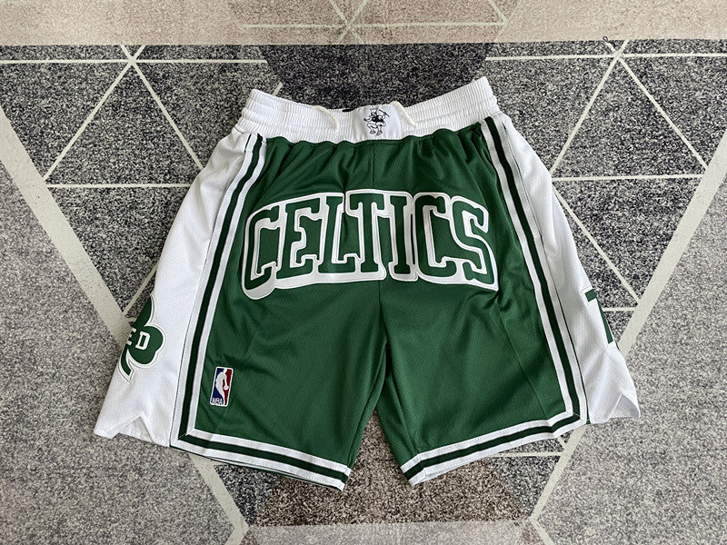 Green Boston Celtics premium basketball shorts, full front view