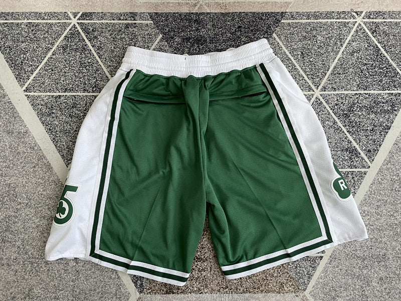 Green Boston Celtics premium basketball shorts, full back view
