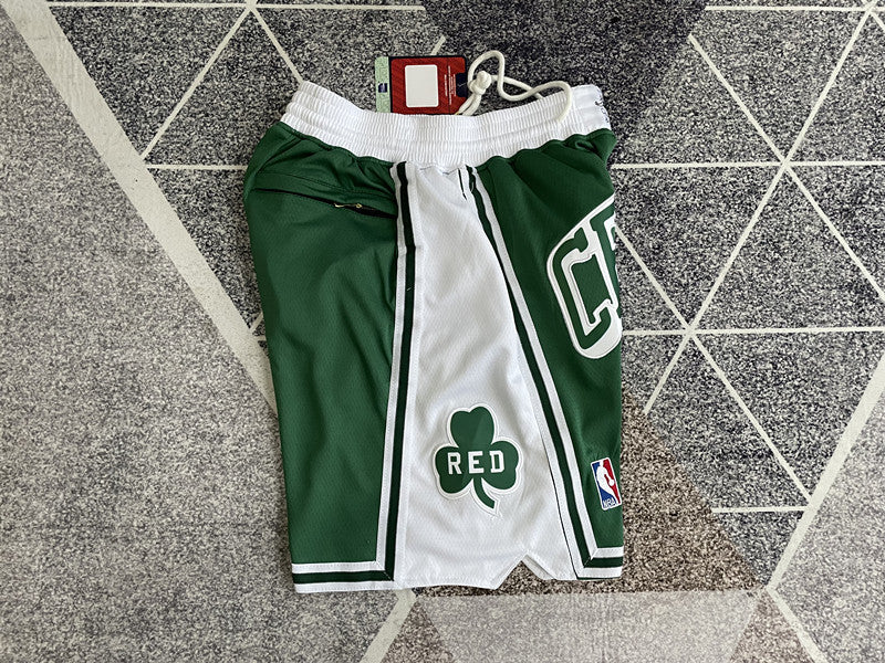 Green Boston Celtics premium basketball shorts, side panel detail