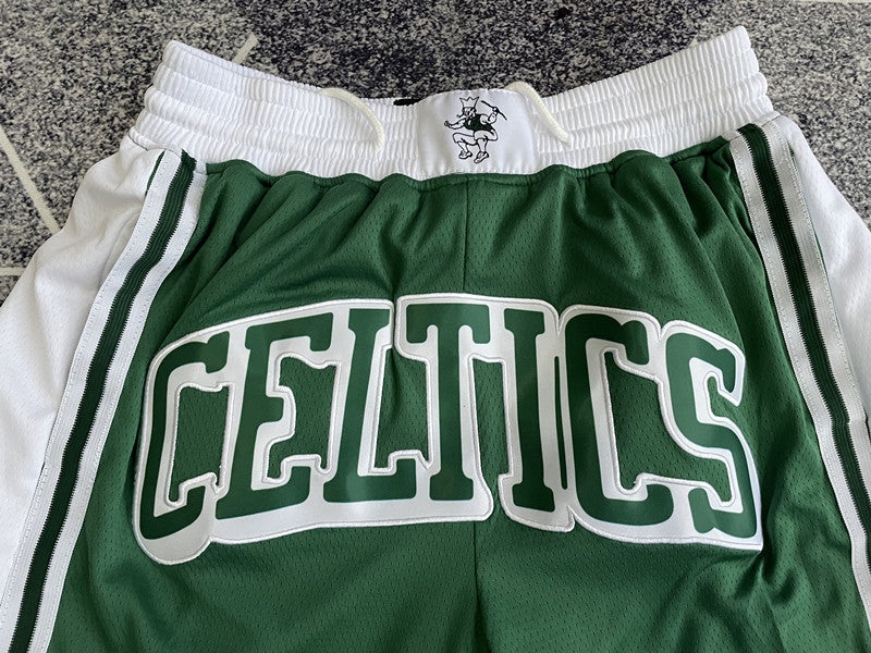 Green Boston Celtics premium basketball shorts, waistband and label detail