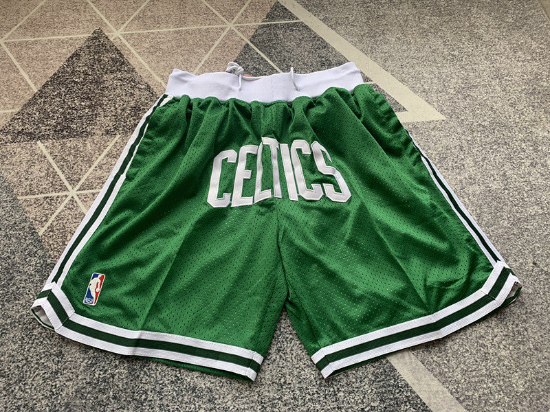 Green Boston Celtics premium basketball shorts, full front view