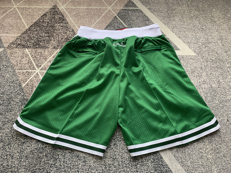 Green Boston Celtics premium basketball shorts, full back view