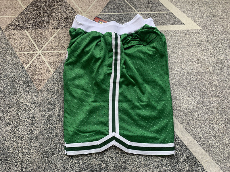 Green Boston Celtics premium basketball shorts, side panel detail