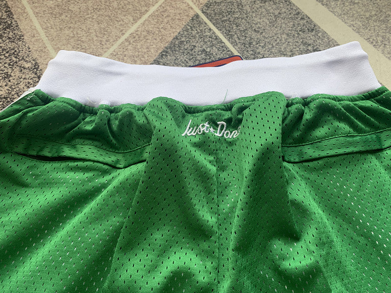 Green Boston Celtics premium basketball shorts, waistband and label detail