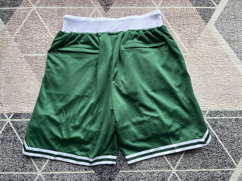 Green Boston Celtics premium basketball shorts, full back view