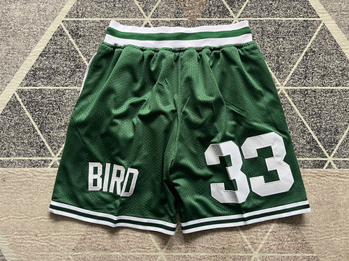 Green Boston Celtics premium basketball shorts, full back view