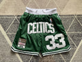 Green Boston Celtics premium basketball shorts, full front view