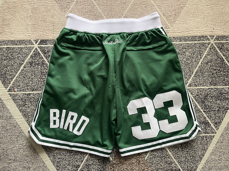Green Boston Celtics premium basketball shorts, full back view