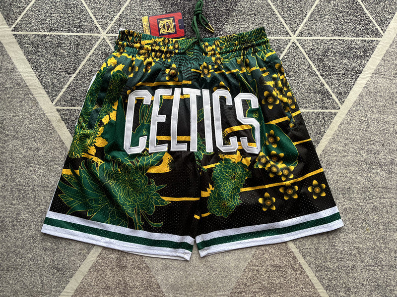 Green Boston Celtics premium basketball shorts, full front view