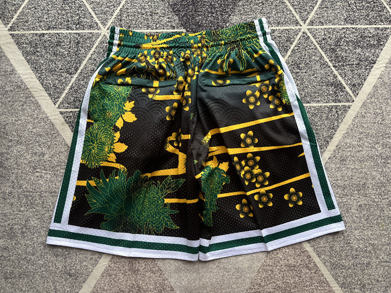 Green Boston Celtics premium basketball shorts, full back view