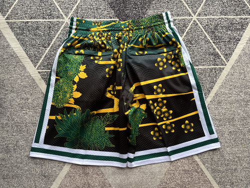 Green Boston Celtics premium basketball shorts, full back view