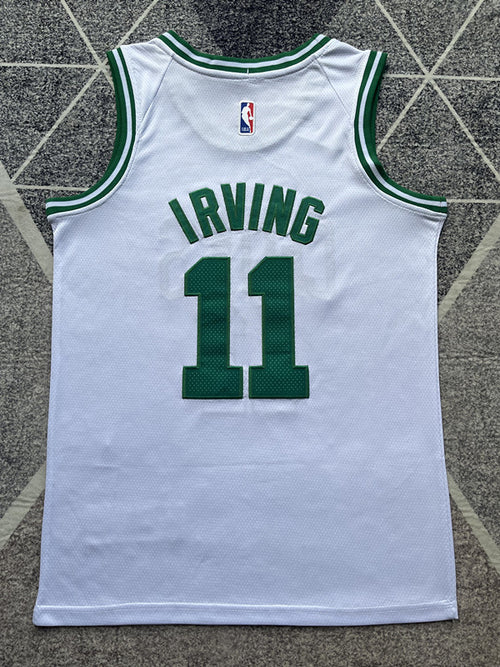 White Boston Celtics basketball jersey, full back view