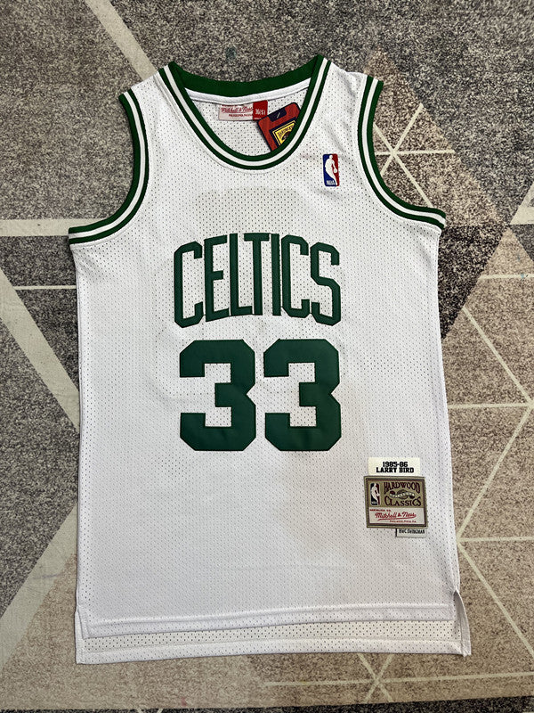 White Boston Celtics basketball jersey, full front view