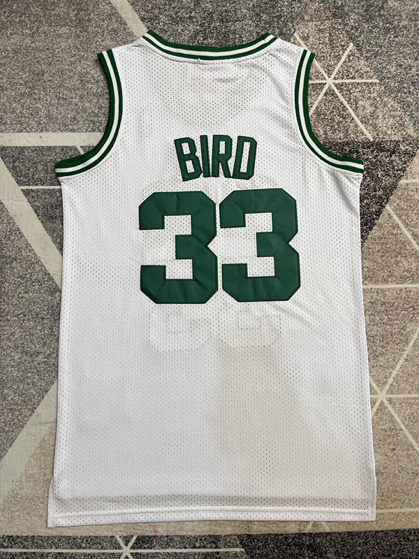 White Boston Celtics basketball jersey, full back view